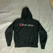 Champion Mens Hoodie Medium Black Reverse Weave Spellout Sweatshirt Heavy - $24.98