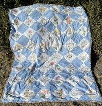 Quilt Bed Cover Vintage 1970s 50 US State Flowers Liquid Embroidery Tufted 91x69 - £58.00 GBP