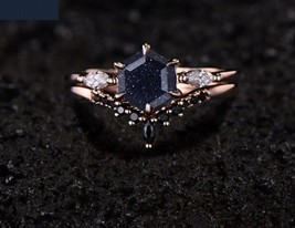 Blue Galaxy Sandstone Engagement Ring, Hexagon-Cut With Black Onyx Curved Band - £101.61 GBP