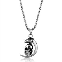 Mens Gothic Crescent Moon Skull Pendant Stainless Steel Cable Chain Neck... - £36.77 GBP