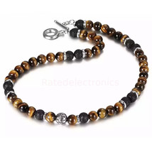 8mm Natural Tiger Eye Lava Bead Necklace Stainless Steel Toggle 24&quot; Men&#39;s Chain - £11.08 GBP+