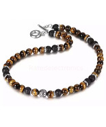 8mm Natural Tiger Eye Lava Bead Necklace Stainless Steel Toggle 24&quot; Men&#39;... - £11.08 GBP+