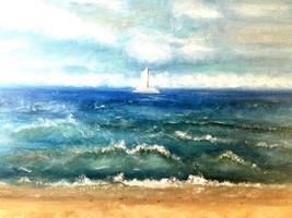 Seascape with a boat painting,Baltic sea and a beach,oil painting,stretc... - £119.62 GBP