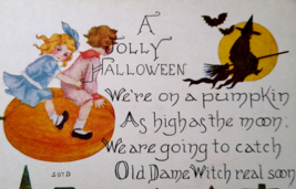 Halloween Postcard Children Flying On Pumpkin Air Craft Witch Moon 207 FA Owen - $42.98