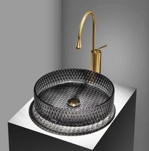 Modern Diamond Pattern Glass Vessel Sink  Luxury Round Bathroom Wash Ba... - $559.38 CAD