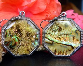 Vintage Golden Abalone Paua Shell Iridescent Octagon Pierced Earrings - £15.94 GBP