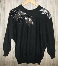 Vintage 80s Black Metallic Silver Batwing Sweater M Sequins Dolman Overs... - £31.45 GBP