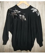 Vintage 80s Black Metallic Silver Batwing Sweater M Sequins Dolman Overs... - $54.80 CAD