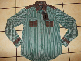 Mens plaid stripe long sleeve button up shirt Brown White Green dress sh... - $11.76