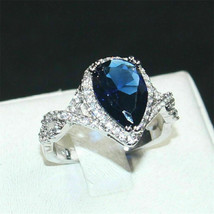 Engagement Ring 2.90Ct Pear Lab Created Blue Sapphire 14k White Gold in Size 8.5 - £214.50 GBP