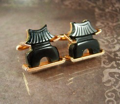 Carved pagoda cuff links Vintage Japanese Swank Cufflinks Gold plate Wedding ori - £139.88 GBP