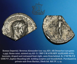 223 Ad Römische Imperial Severus Alexander Ar Denarius ROM Jupiter Stehend Münze - £39.56 GBP