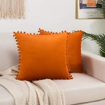 POM POMS Fringe Velvet Cushion Covers Set of 2 Velvet Soft Solid Decorative Squa - £30.29 GBP