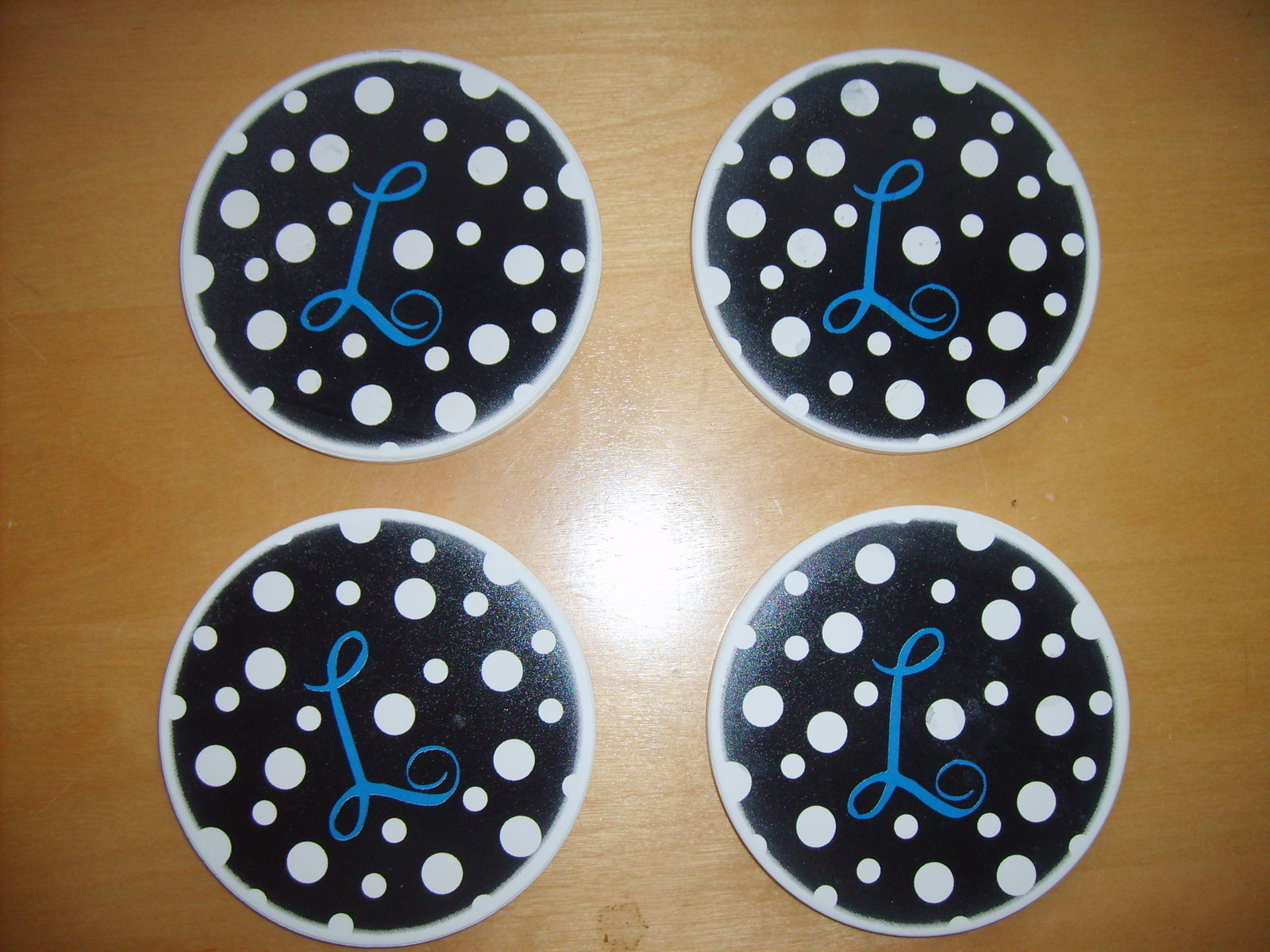 NEW Home Expressions Coasters Polk a Dot Set of 4 Absorbent 4x4 Black White Blue - $7.53