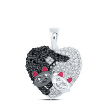 10kt White Gold Womens Black Color Enhanced Diamond Cat Heart Pendant 1/2 Cttw - £469.31 GBP