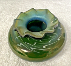 Signed Mouth Blown Art Glass Vase Green Iridescent Ruffled LB LG Excellent Shape - £35.04 GBP