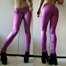 Women Purple Skinny Slim Fit Genuine Leather Waist Belted  Pants - £171.71 GBP