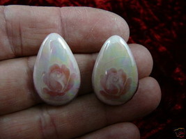 (EE-703) PINk rose flowers painted floral oval teardrop ceramic earrings pierced - £14.23 GBP