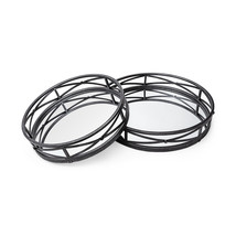Set Of 2 Round Matte Black Metal With Mirrored Glass Bottom Trays - £255.11 GBP