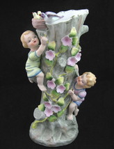 VTG Lefton Bisque Figural Vase Floral Tree Trunk w Kids Bird Nest 971 Figurine  - £71.16 GBP