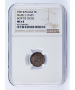 1909 Canadá 5 Centavos Hojas De Arce Lazo Cruz Calificado Por NGC Como MS62 - $11,028.25