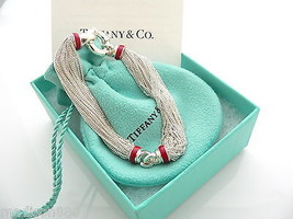Tiffany &amp; Co Silver Red Enamel Strand Bracelet Bangle Lifesaver Rare Gift Pouch - £705.88 GBP