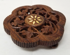 Indian Trivet Wood Carved with Flower Inlay Rustic Table Decor Coaster Vtg - £11.69 GBP