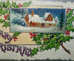 Christmas Postcard Embossed Snow Covered Country Home Crescent Moon Antique 1909 - £14.80 GBP