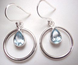 Faceted Blue Topaz Teardrop in Circle 925 Sterling Silver Dangle Earrings - £15.14 GBP