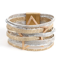 Amorcome Handmade Stars Pattern Leather Wrap Bracelet Multilayer Big Metal Charm - £11.57 GBP