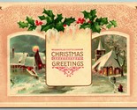 Christmas Greetings Holly Full Moon Small Town Scene UNP 1915 DB Postcar... - $6.88