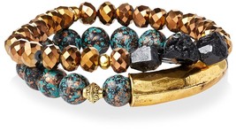 Gemelli Gold Tone Boho Turquoise &amp; Brown Agate Austrian Crystal Beaded Bracelet - £30.84 GBP