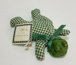 Russ Berrie Teeny Beenies Green Gingham Frog Cloth Body Ceramic Head #707 w/Tag - £6.95 GBP