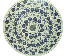 24&quot; White Marble Round Coffee Table Top Lapis Gemston Inlay Marquetry Home Decor - £866.14 GBP