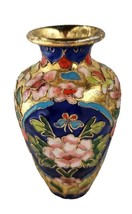 Vintage Cloisonne Miniature Bud Vase Gold &amp; Pink Blue Colorful Flowers 4.5&quot; tall - £15.03 GBP