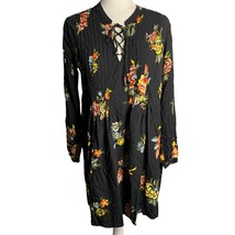 Old Navy Long Sleeve Baby Doll Dress M Black Floral Lace Up Pin Tucks Un... - $18.53
