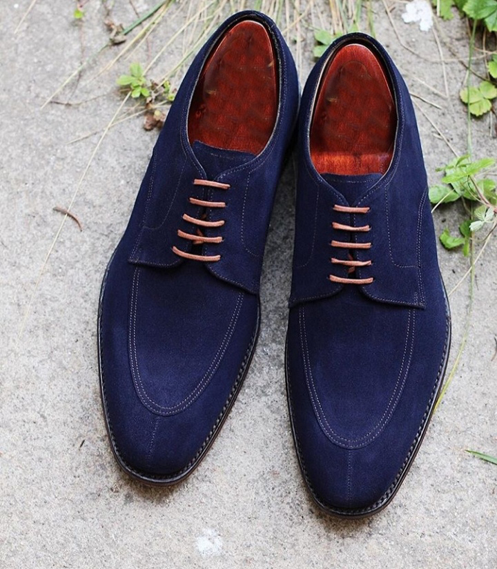 New Men's Handmade Brogue Shoes, Men's Navy Blue Suede Lace Up Dress Shoes