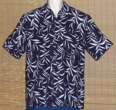 Island Green Hawaiian Shirt Dark Blue Floral Palm Frond Leaves Silk Size... - £19.57 GBP