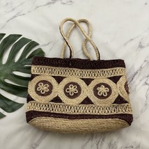 Vintage Straw Woven Tote Bag Purse Cream Tan Floral Open Weave Beach Summer - $36.62