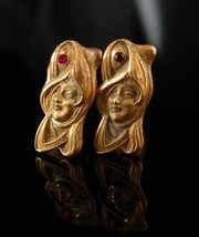 Antique Alphonzo Mucha cufflinks Ruby color stone Art nouveau goddess rose gold  - £259.46 GBP