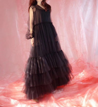Black Maxi Tutu Dress Women Plus Size Loose Fitting Tiered Tulle Holiday Dress image 5