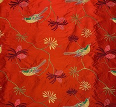 DESIGNER PARADISE BIRD RED GREEN EMBROIDERED 100% SILK FABRIC BY YARD 54&quot;W - £20.43 GBP