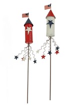Set of 2 Red &amp; White Stars &amp; Stripes Garden Stake Patriotic Yard Art Décor - £21.04 GBP