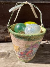 HAPPY EASTER PAPER MACHE BASKET &amp; 3 SMALL SPATTER ART GLASS EASTER EGGS - $24.70