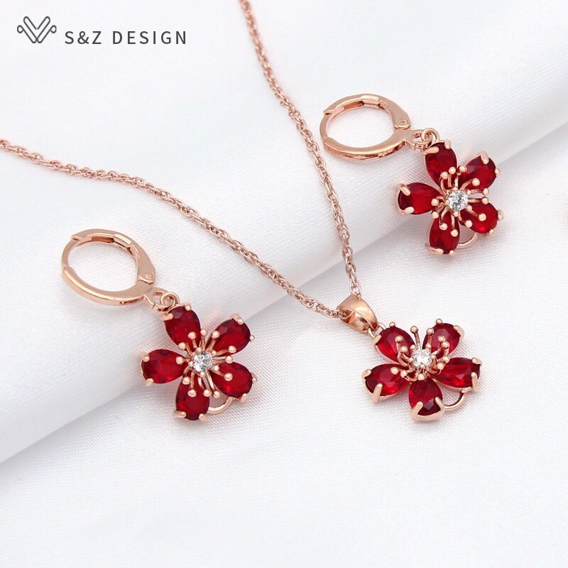 S&Z DESIGN New Fashion Cute Red Flowers Cubic Zirconia Dangle Earrings Jewelry S - £17.26 GBP