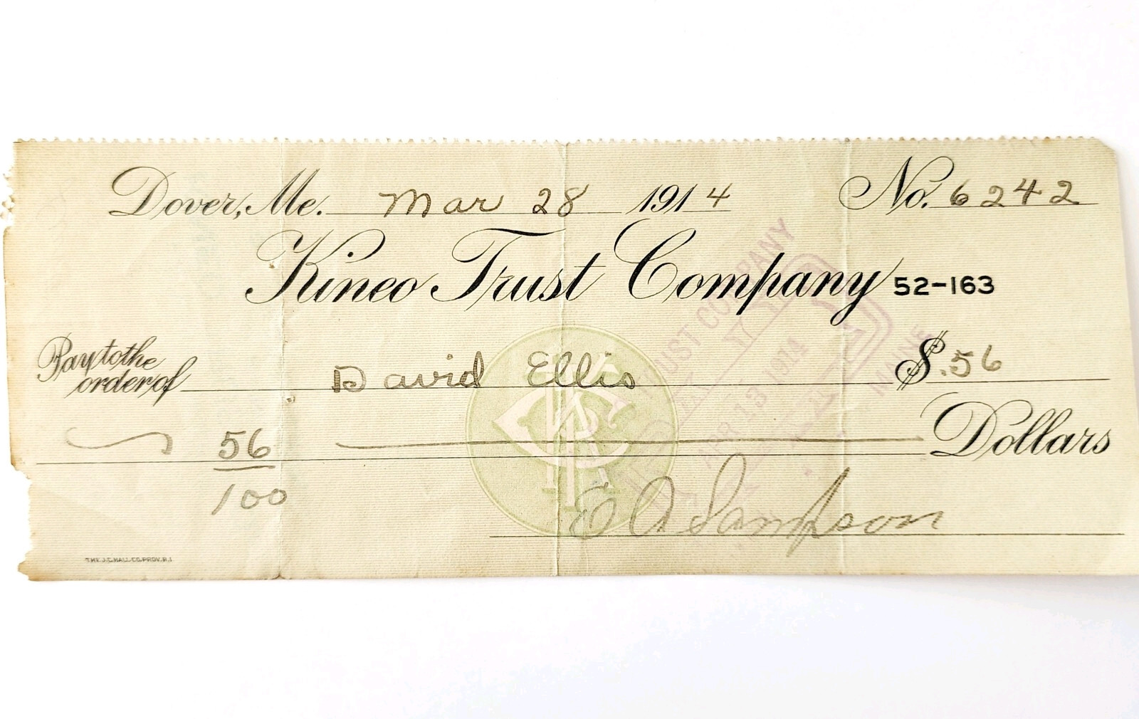 1914 Kineo Trust Company Bank Check E.A. Sampson Dover Maine Signed 6242 CHX9 Item image 2