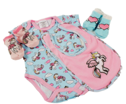 Newborn Girls Unicorn 4 Pc Gift Set Tendertyme T-shirt w/snap crotch &amp; Bib New - $12.91