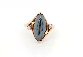 10k Yellow Gold Vintage Marquise Shape Hematite Stone With Pearls - $199.00