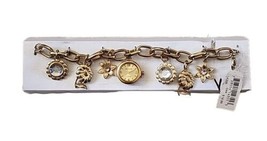 Charm Bracelet Watch Gold Tone Floral With Gems Claw Clasp Chain No Box - £7.68 GBP