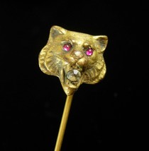 Antique gold Lion STICKPIN ruby Jeweled Eyes paste rhinestone Mouth Fine mens es - £211.82 GBP